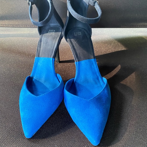 Zara Stiletto suade 8W 38EU Blue / Navy Color block ankle Heels - Picture 5 of 9